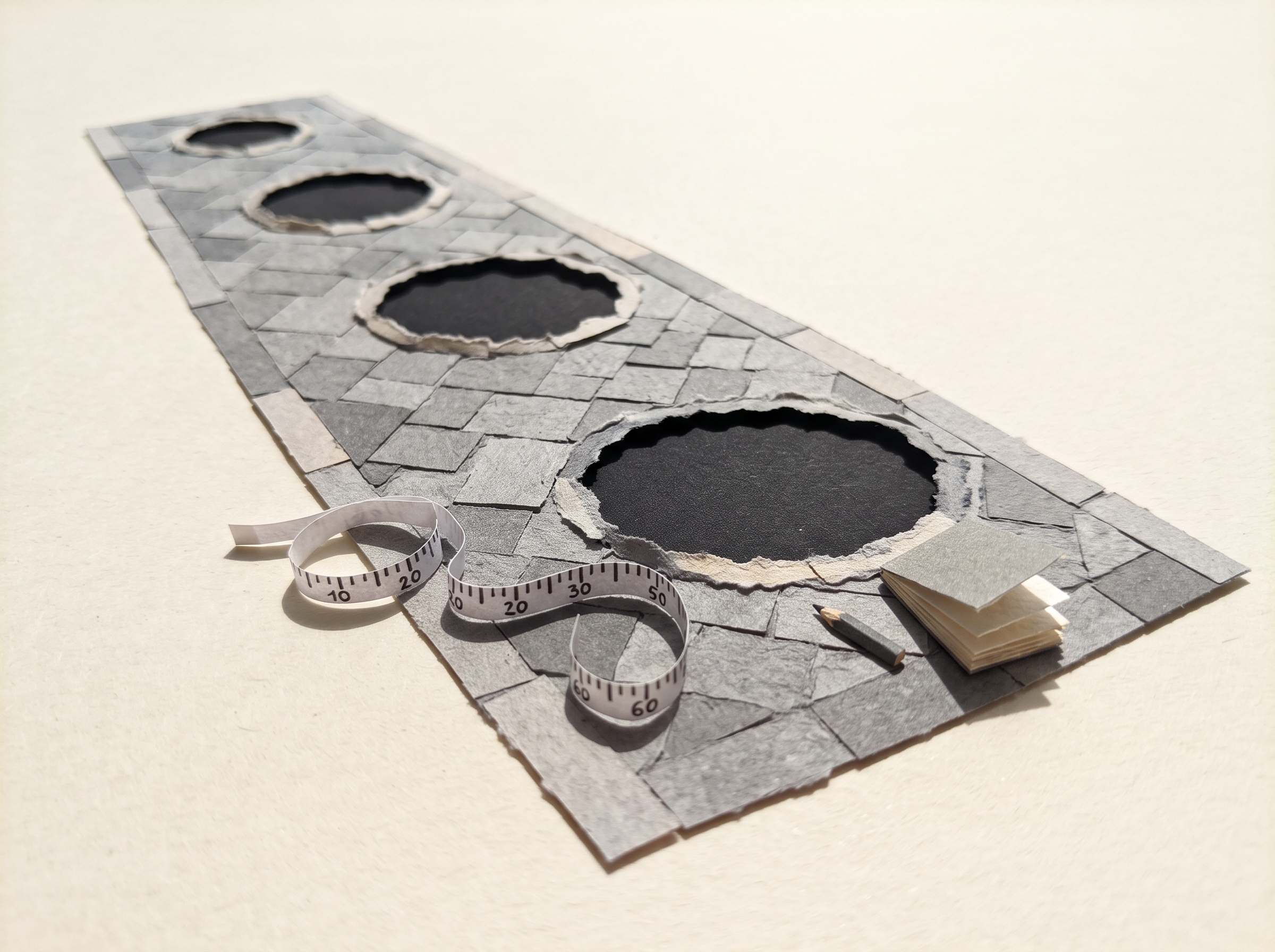Calçada de papel com quatro caldeiras vazias, fita métrica e caderno